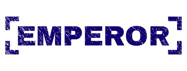 EMPEROR text seal print with grunge style. Text title is placed inside corners. Blue vector rubber print of EMPEROR with grunge texture.