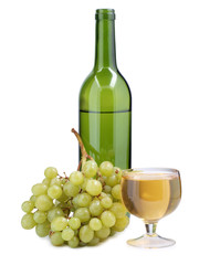 Glass of wine and green grapes on white background