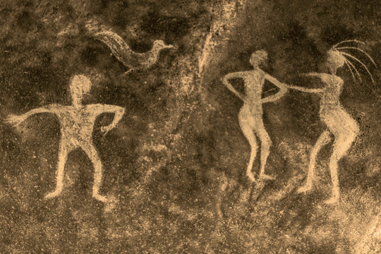 image of people on the wall of the cave. the story, the era.