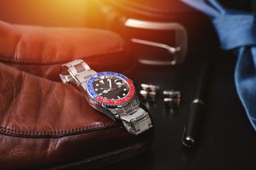 formal luxury men wristwatch with blue-red bezel