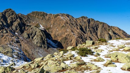 Peak of the mountain covered by snow, winter in Sochi, Russia.