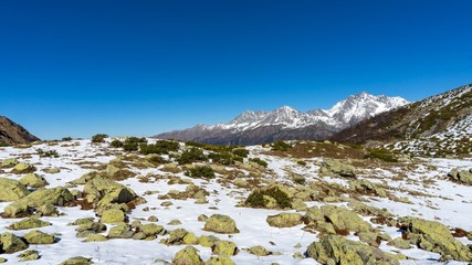 Peak of the mountain covered by snow, winter in Sochi, Russia.