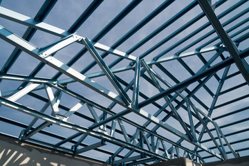 Structure of steel roof frame for building construction.