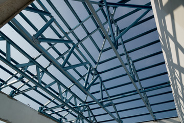 Structure of steel roof frame for building construction.