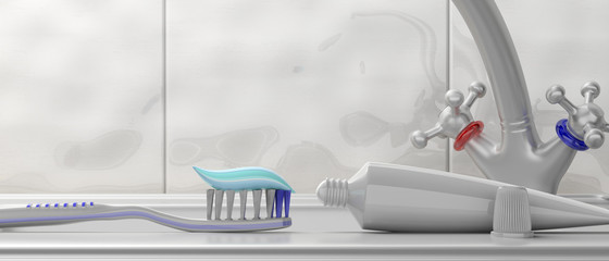 Tooth paste on a toothbrush and blank toothpaste tube on white background. 3d illustration