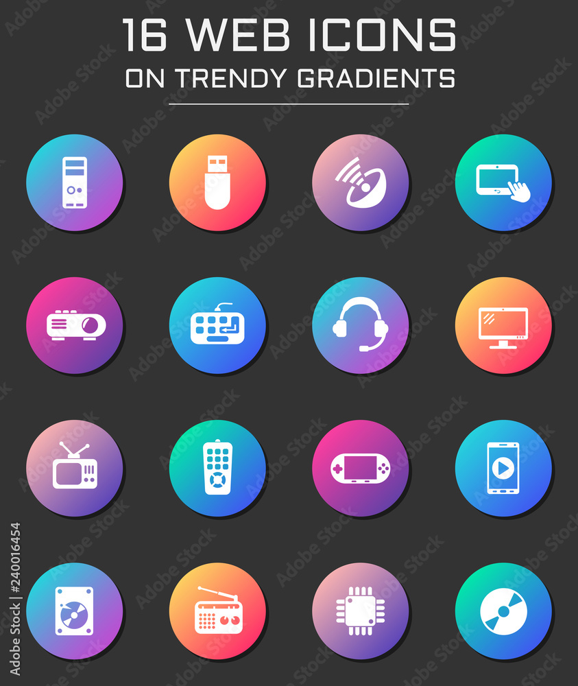 Poster gadget icon set. gadget web icons on round trendy gradients