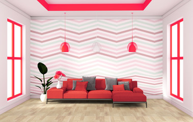 red wall modern design with sofa sideboard on wood floor interior. 3d rendering