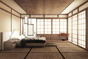 Modern peaceful Bedroom. zen style bedroom. serene bedroom. Wood bed with tatami floor japanese...