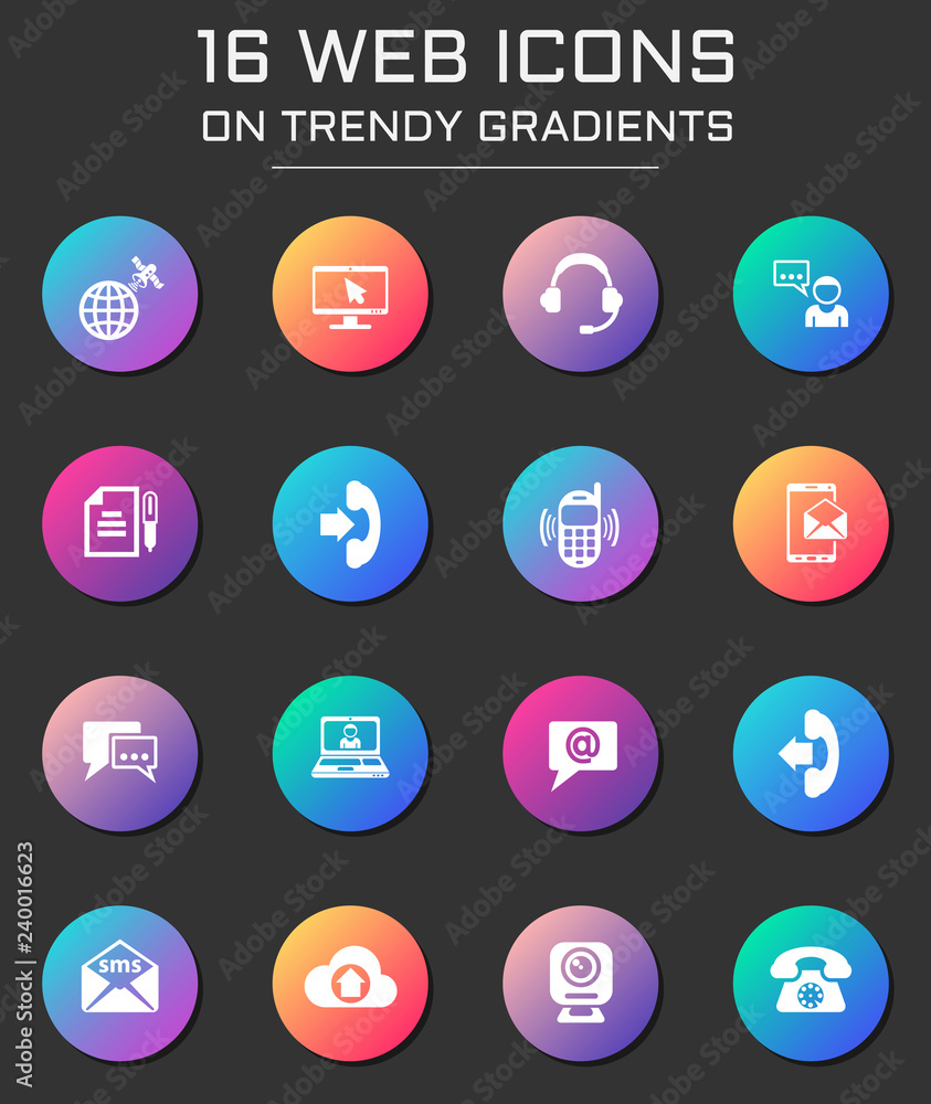 Poster communication icon set. communication web icons on round trendy gradients