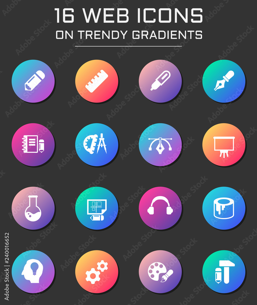 Poster creative process icon set. creative process web icons on round trendy gradients