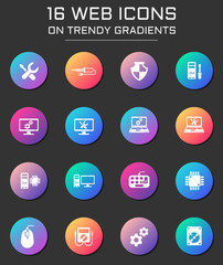 computer repair icon set. computer repair web icons on round trendy gradients