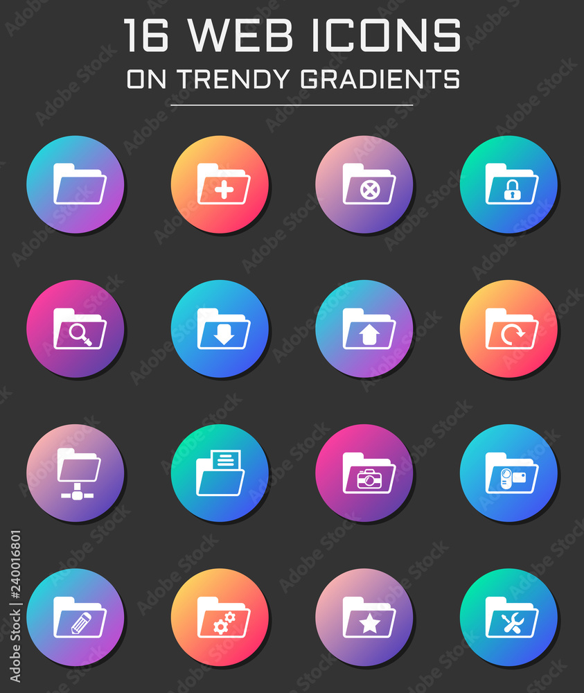 Poster folder icon set. folder web icons on round trendy gradients