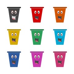 Happy smiling face cartoon trash bin icon or logo, color set