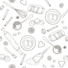 Bakery seamless pattern with rolling pin, beater, mold, strainer, flour, eggs, butter, lemon, spices. Hand drawn sketch.