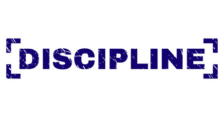 DISCIPLINE text seal watermark with corroded style. Text caption is placed inside corners. Blue vector rubber print of DISCIPLINE with corroded texture.