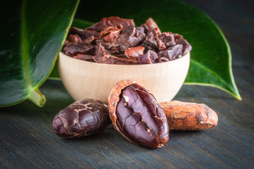 raw cocoa beans formastero, whole and ground, close-up