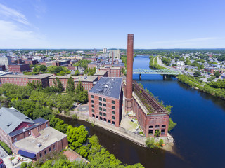 Lowell historic downtown, Marrimack River and Mills aerial view in Lowell, Massachusetts, USA. © Wangkun Jia