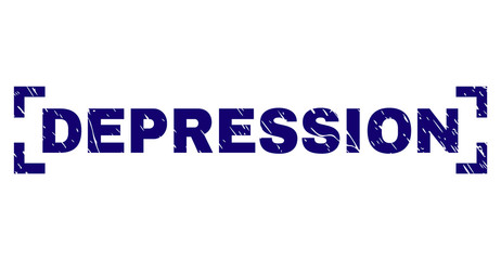 DEPRESSION tag seal print with grunge texture. Text tag is placed between corners. Blue vector rubber print of DEPRESSION with grunge texture.