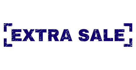 EXTRA SALE text seal print with distress effect. Text title is placed inside corners. Blue vector rubber print of EXTRA SALE with unclean texture.