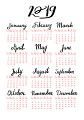 Hand drawn calendar with lettering