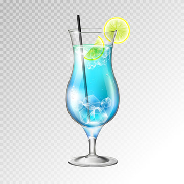 Realistic cocktail blue lagoon glass vector illustration on transparent background