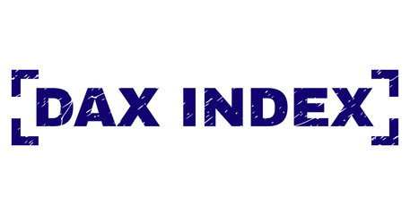 DAX INDEX text seal print with corroded effect. Text caption is placed inside corners. Blue vector rubber print of DAX INDEX with corroded texture.