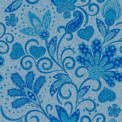Denim seamless pattern. Denim floral background. Blue jeans cloth. Jeans background hand draw paisley flowers