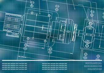 Mechanical engineering drawings on a Blue background. Grid. Vector. Background for inscription