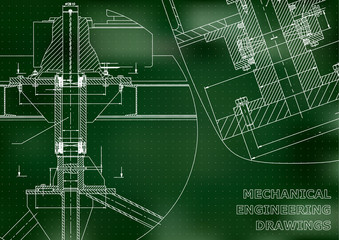 Mechanical engineering. Technical illustration. Backgrounds of engineering subjects. Technical design. Instrument making. Cover, banner, flyer, Green background. Points. Corporate Identity