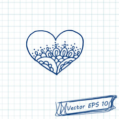 Heart with ornament. Contour. Style of children's drawing. Doodle drawing on a sheet of notebook