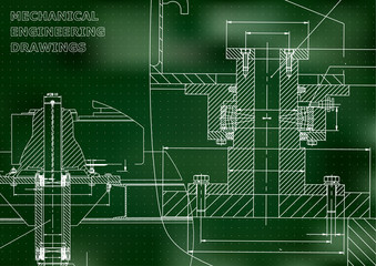 Mechanical engineering. Technical illustration. Backgrounds of engineering subjects. Technical design. Instrument making. Cover. Green background. Points