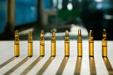 Group object of liquid medicinal agent in limpid glassware in medical laboratory.