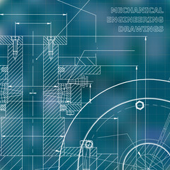 Blue background. Grid. Technical illustration. Mechanical engineering. Technical design. Instrument making. Cover, banner, flyer, background