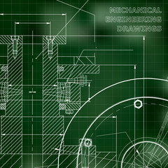 Green background. Grid. Technical illustration. Mechanical engineering. Technical design. Instrument making. Cover, banner, flyer, background