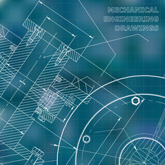 Blue background. Grid. Technical illustration. Mechanical engineering. Technical design. Instrument making. Cover, banner