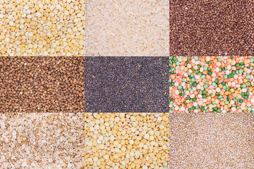Mix Of Different Cereals In Mosaic: Yellow Peas, Green Peas, Red Lentils, Black Sesame, White Rice, Rolled Oats, Quinoa, Split Peas, Buckwheat, Brown Buckwheat. Mix Of Cereals Background, Texture.