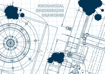 Blueprint, Sketch. Vector engineering illustration. Cover, flyer, banner, background. Blue Ink. Blots