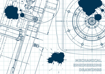 Blueprint, Sketch. Vector engineering illustration. Cover, flyer, banner, background. Instrument-making drawings. Mechanical drawing. Blue Ink. Blots