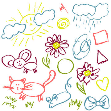 Children's drawings. Elements for the design of postcards, backgrounds, packaging. Prints for clothes. Drawing of wax crayons on a white background. Cat, mouse, sun, rain, flowers