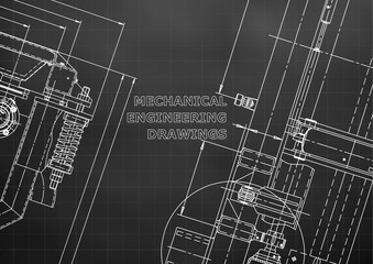 Blueprint, Sketch. Vector engineering illustration. Cover, flyer, banner, background. Instrument-making drawings. Mechanical engineering drawing. Technical illustrations. Black background. Grid