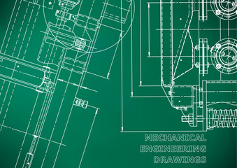 Blueprint. Vector engineering illustration. Computer aided design systems. Instrument-making drawings. Mechanical engineering drawing. Technical illustrations. Light green background. Grid