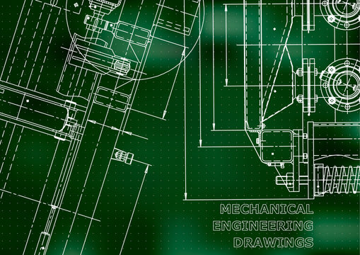 Blueprint. Vector engineering illustration. Computer aided design systems. Instrument-making drawings. Mechanical engineering drawing. Technical illustrations. Green background. Points