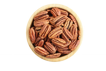 Pecan nuts in bamboo bowl isolated on white background