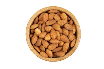 Almonds in bamboo bowl on white background