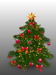 Christmas tree with xmas decorations - ornaments, stars, garlands, snowflakes, lamps