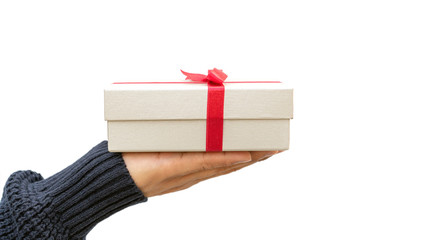Man holding a silver gift box on a white background.