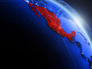 Mexico from space on model of blue digital planet Earth. Concept of blue digital technology, connectivity and travel.