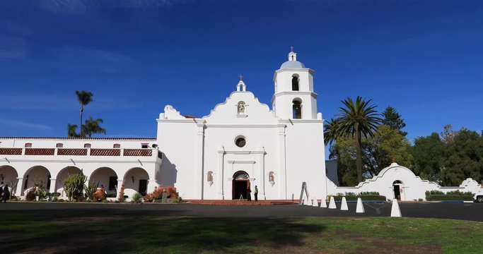 Historic Old Mission San Luis Rey entrance California. Mission San Luis Rey was a Spanish mission. Founded 1798. Active parish church congregation meet and worship. Public and tourist destination. 