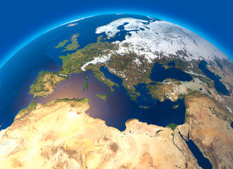 Fototapeta premium Cartina fisica del mondo, vista satellitare dell’Europa e Africa del Nord. Globo. Emisfero. Rilievi e oceani. 3d rendering