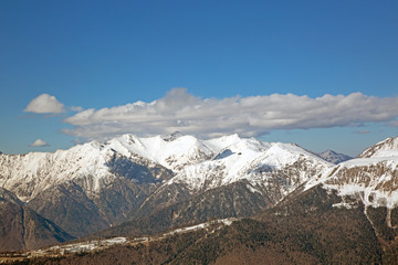 snowy mountain peaks against the blue sky